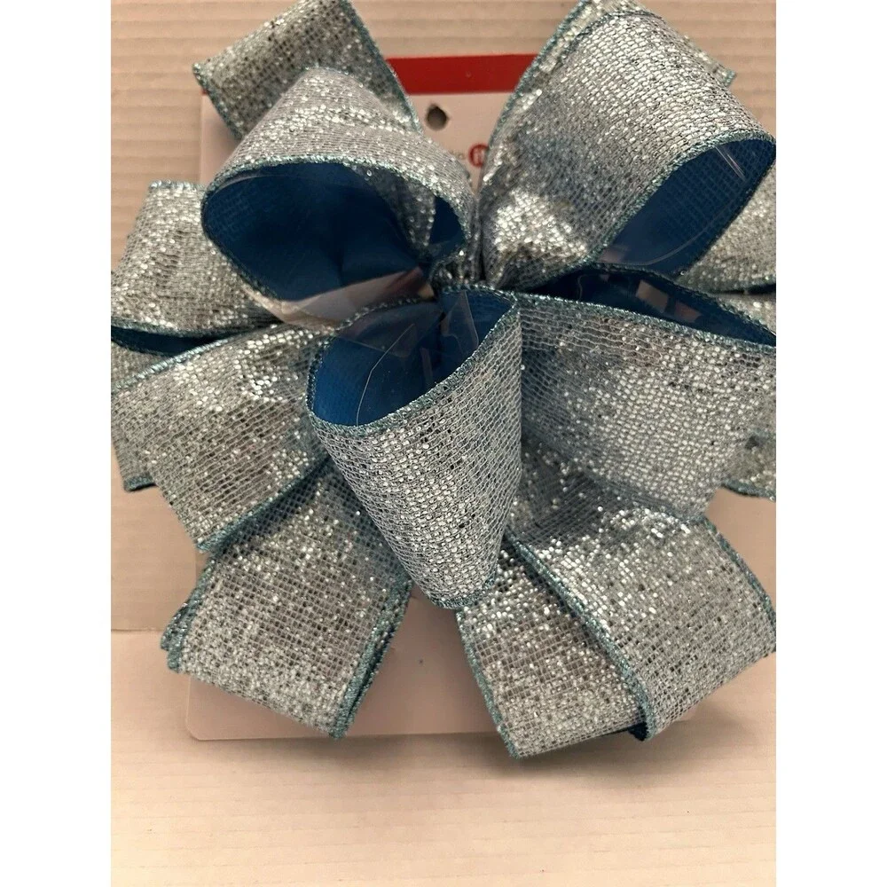 Celebrate it Christmas Tree Topper Bow Light Blue with Glitter 10” Large Bow
